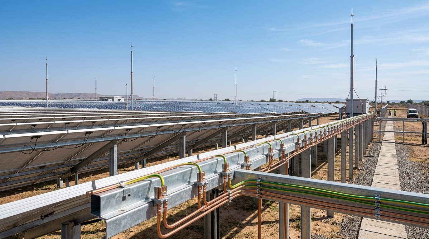 ARK Make Solar Earthing and Lightning Protection hardware installation on PV array