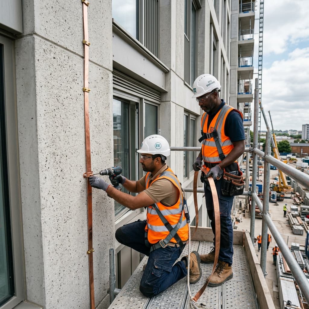 Engineers installing lightning protection system